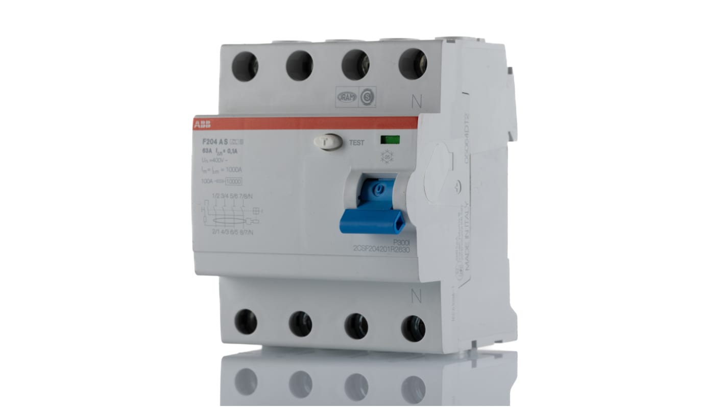 ABB RCCB 4 pólusú A típusú, 63A A, 100mA, F200 sorozat 230/400V ac