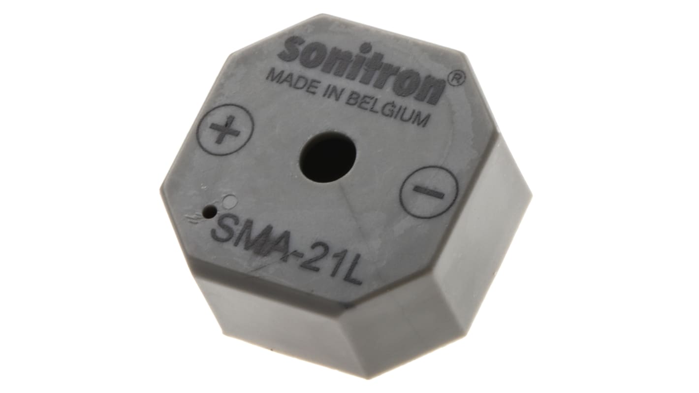 Sonitron 91dB Through Hole Continuous Internal Piezo Buzzer, 21 x 21 x 9.5mm, 1.5V dc Min, 24V dc Max