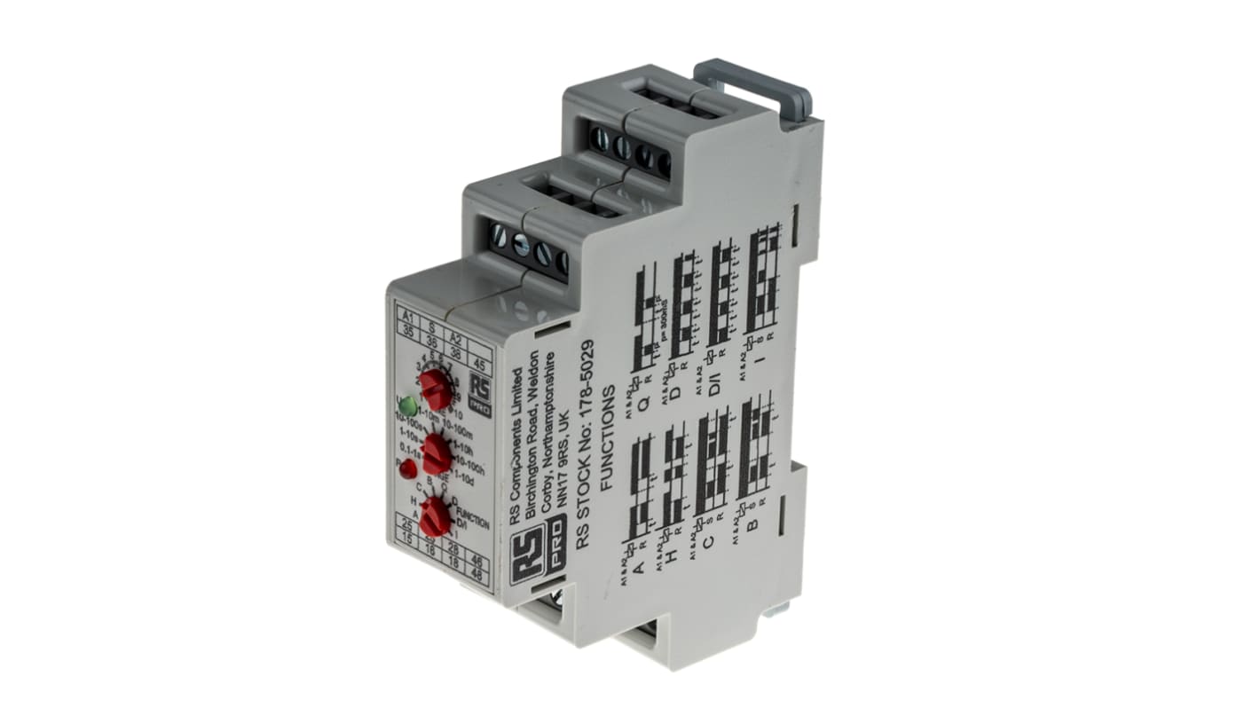 RS PRO DIN Rail Mount Timer Relay, 12 → 240V ac/dc, 4-Contact, 0.1 s → 10days, 4PDT