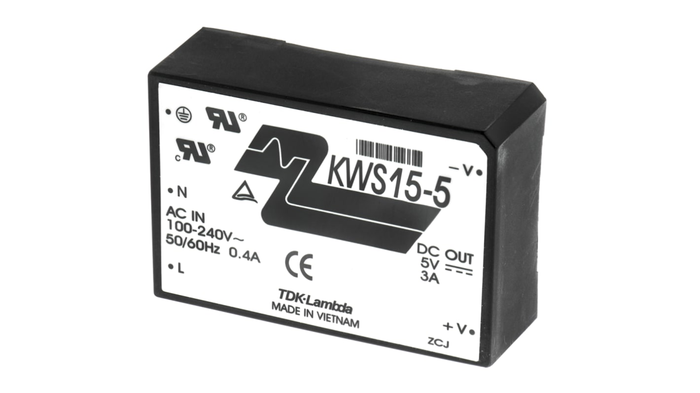 TDK-Lambda Embedded Switch Mode Power Supply SMPS, KWS 15 5, 5V dc, 3A, 15W, 1 Output, 110 → 340 V dc, 85