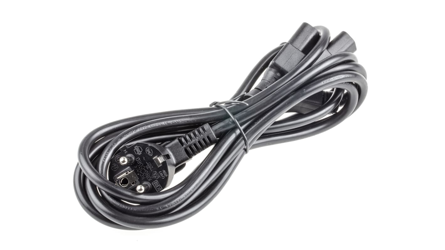 Cable de alimentación RS PRO Negro de 2.5m, con. A IEC C13 x 2, hembra, con. B CEE 7/7, macho, 250 V / 10 A