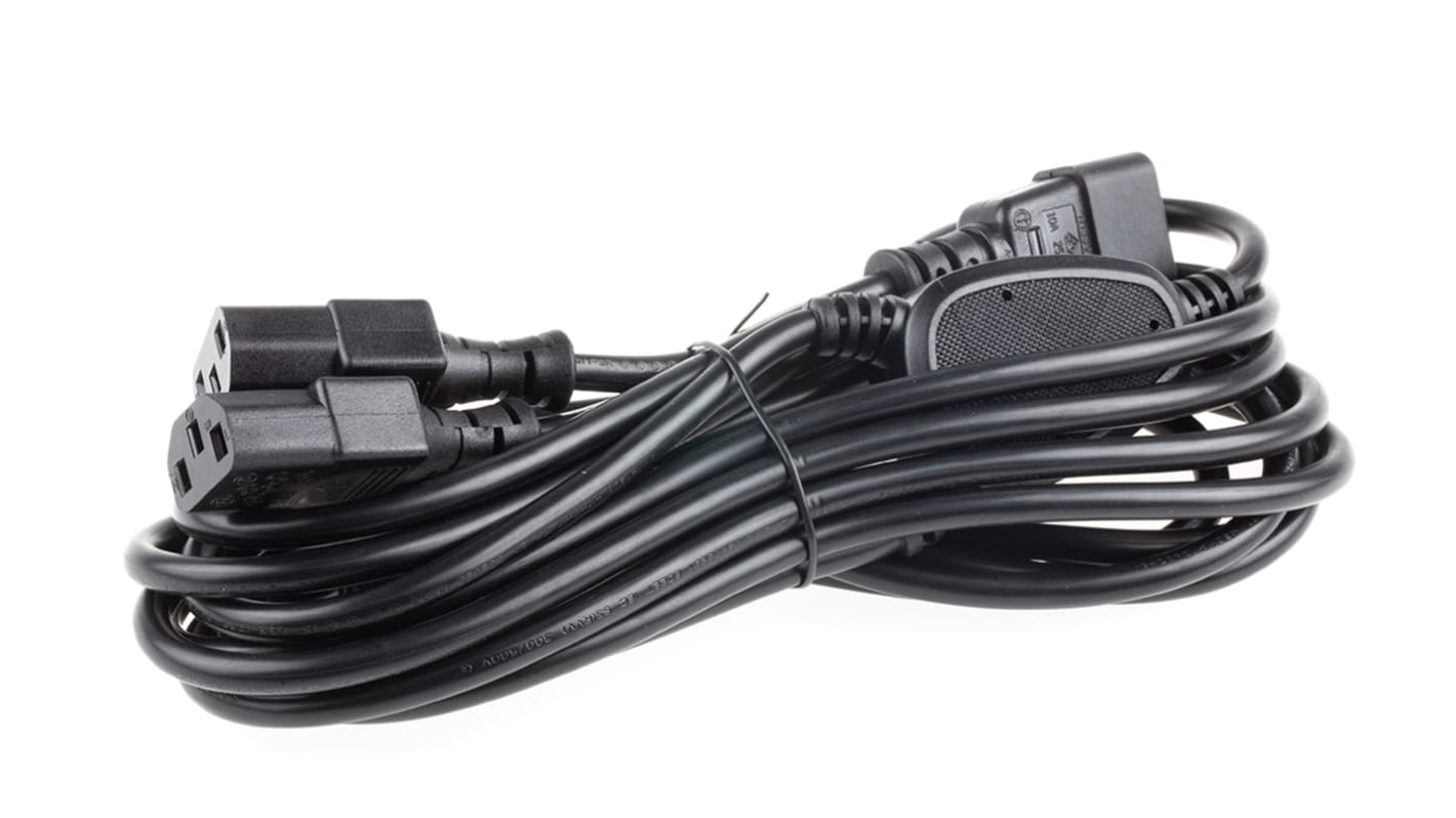 Cable de alimentación RS PRO Negro de 3m, con. A IEC C13 x 3, hembra, con. B IEC C14, macho, 250 V / 10 A