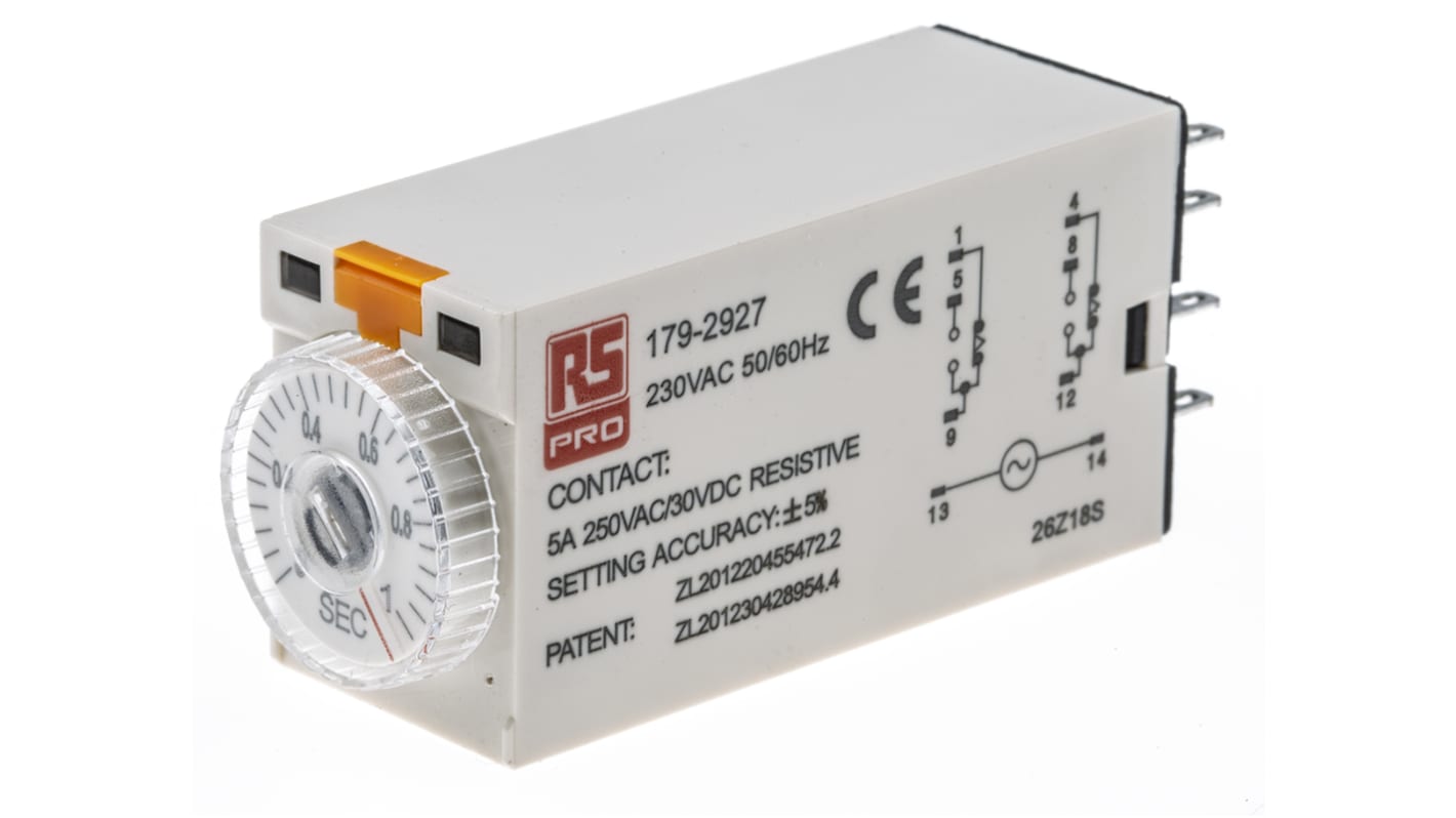RS PRO Plug In Timer Relay, 230V ac, 2-Contact, 0.1 → 1s, 1-Function, DPDT