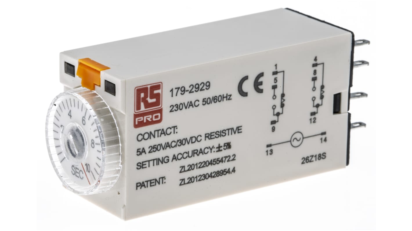 RS PRO Zeitrelais, Steckanschluss , 0.5 → 10s, 230V ac, 2 Kont. Einfach, 2-poliger Wechsler