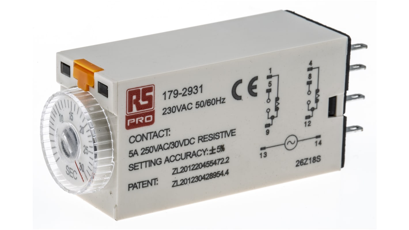 Timer Relay Egyszeres, 1 → 30s, DPDT, 2 érintkezős, 8 érintkezős csatlakozó, DPDT, 230V ac