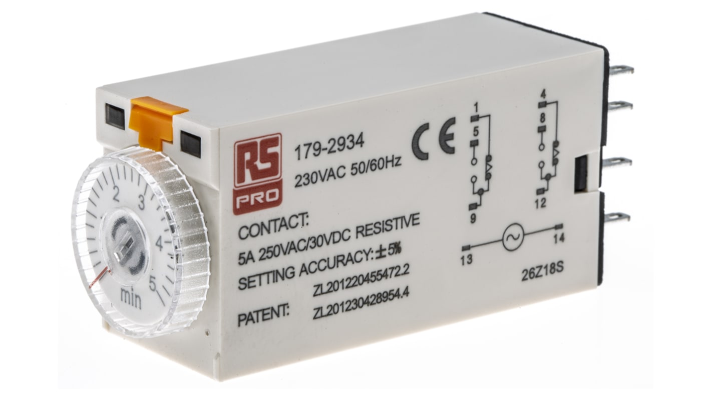 Timer Relay Egyszeres, 0.2 → 5min, DPDT, 2 érintkezős, 8 érintkezős csatlakozó, DPDT, 230V ac