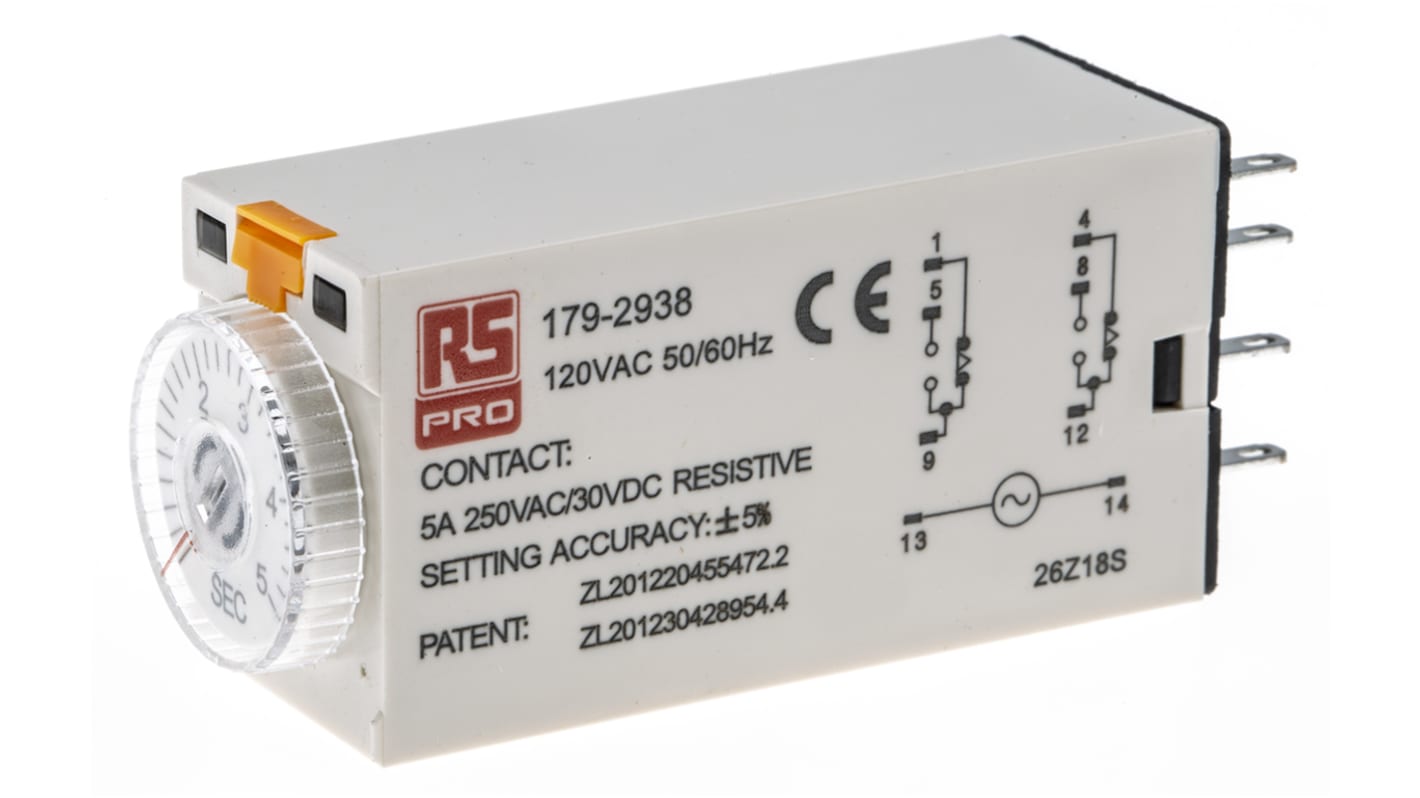 Timer Relay Egyszeres, 0.2 → 5s, DPDT, 2 érintkezős, 8 érintkezős csatlakozó, DPDT, 110V ac