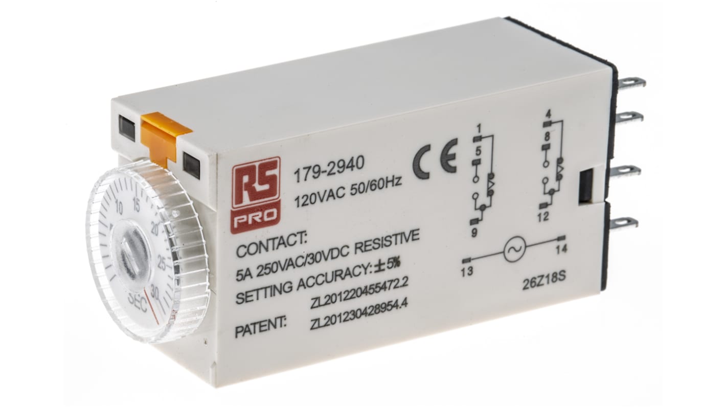 Timer Relay Egyszeres, 1 → 30s, DPDT, 2 érintkezős, 8 érintkezős csatlakozó, DPDT, 110V ac