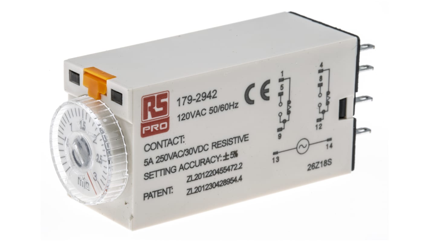 Timer Relay Egyszeres, 0.1 → 3min, DPDT, 2 érintkezős, 8 érintkezős csatlakozó, DPDT, 110V ac