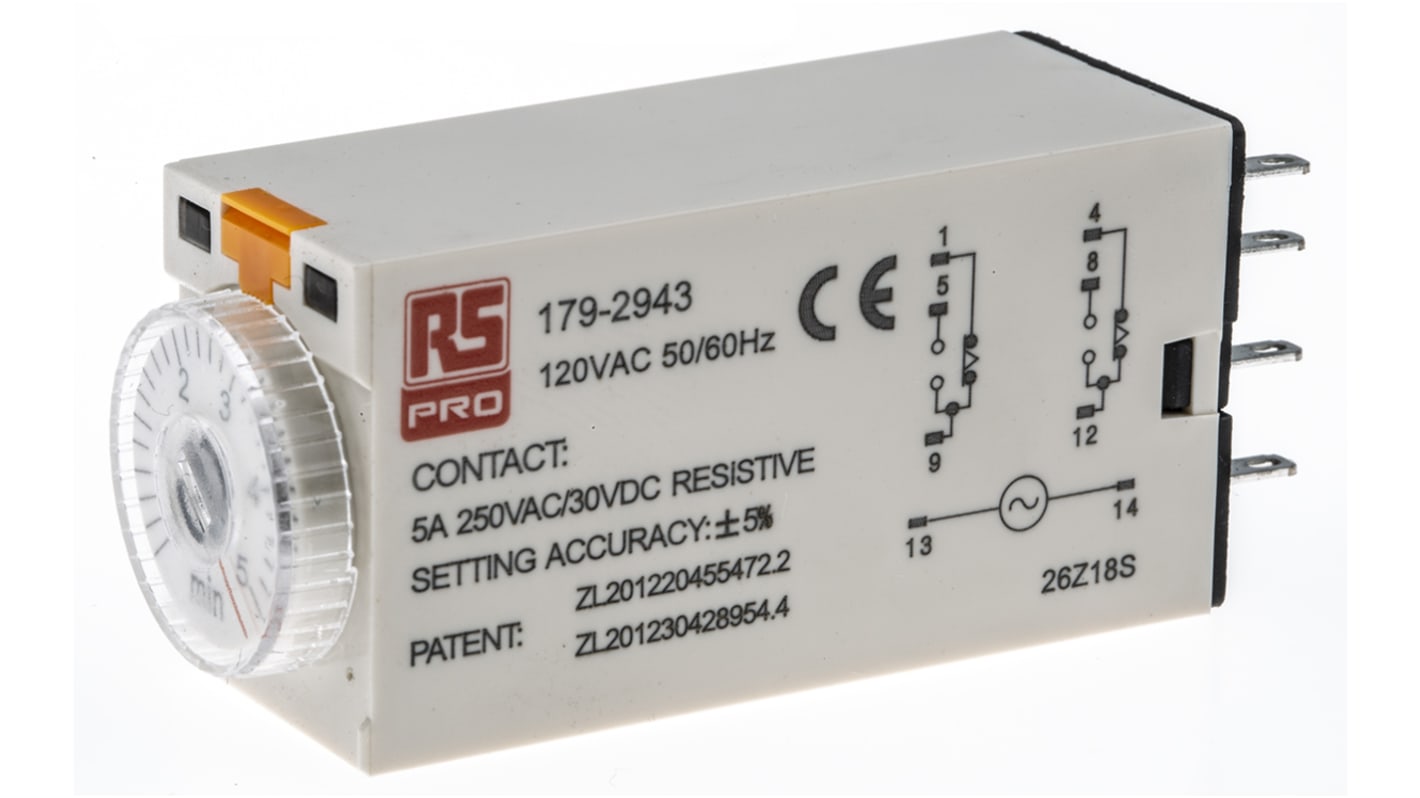 Timer Relay Egyszeres, 0.2 → 5min, DPDT, 2 érintkezős, 8 érintkezős csatlakozó, DPDT, 110V ac