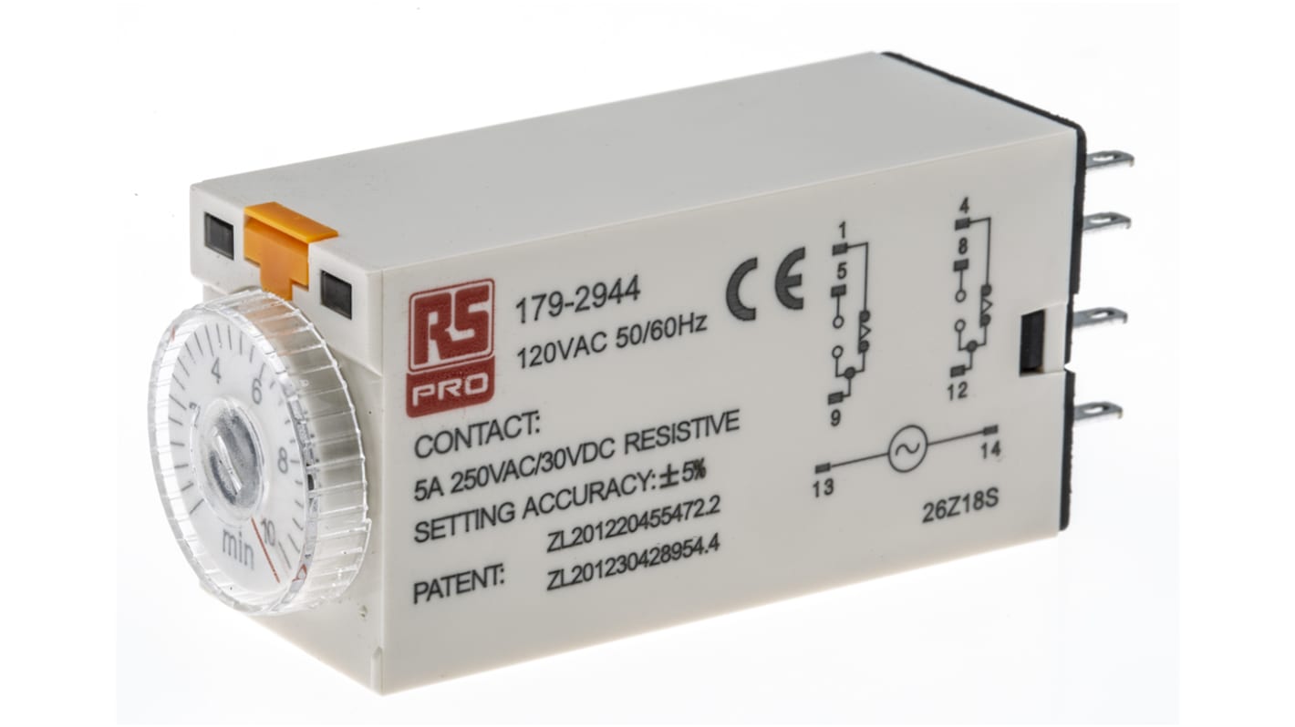 Temporizador monofunción RS PRO, 110V ac, 5A, 2 contactos, DPDT, tempo. 0.5 → 10min