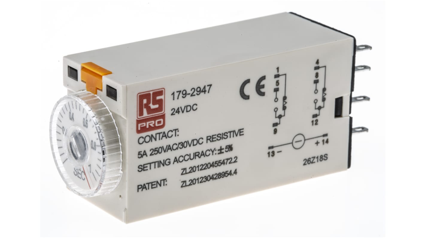 Timer Relay Egyszeres, 0.1 → 1s, DPDT, 2 érintkezős, 8 érintkezős csatlakozó, DPDT, 24V dc