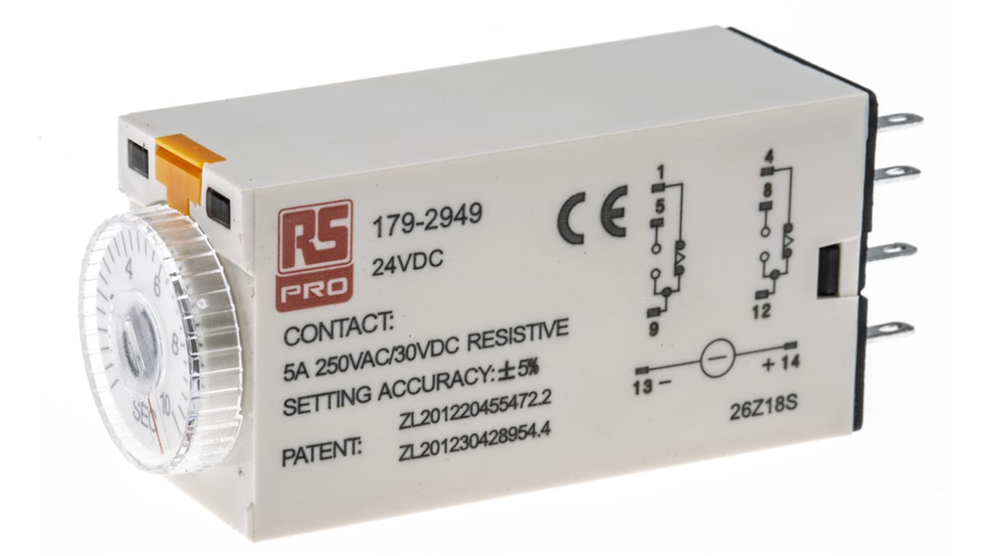 RS PRO Zeitrelais, Steckanschluss , 0.5 → 10s, 24V dc, 2 Kont. Einfach, 2-poliger Wechsler