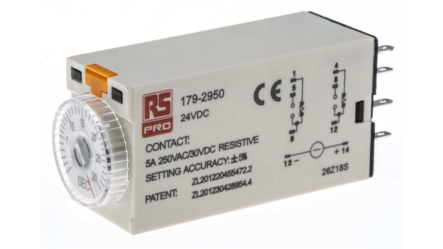 RS PRO Zeitrelais, Steckanschluss , 1 → 30s, 24V dc, 2 Kont. Einfach, 2-poliger Wechsler