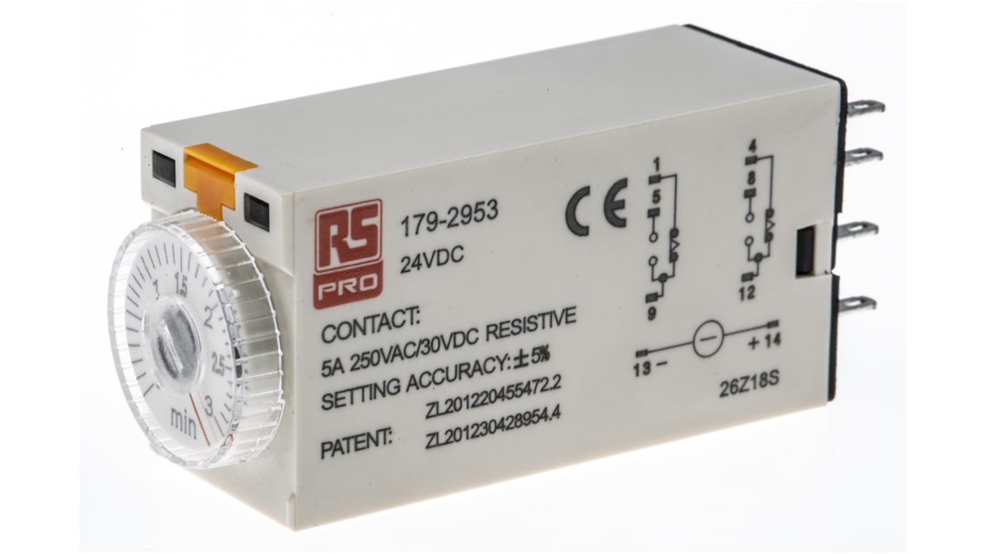 RS PRO Zeitrelais, Steckanschluss , 0.1 → 3min, 24V dc, 2 Kont. Einfach, 2-poliger Wechsler