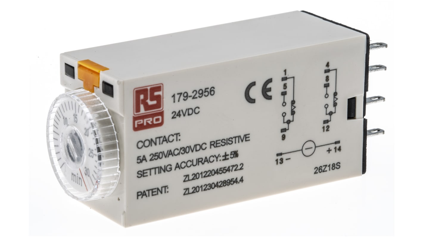 Timer Relay Egyszeres, 1 → 30min, DPDT, 2 érintkezős, 8 érintkezős csatlakozó, DPDT, 24V dc