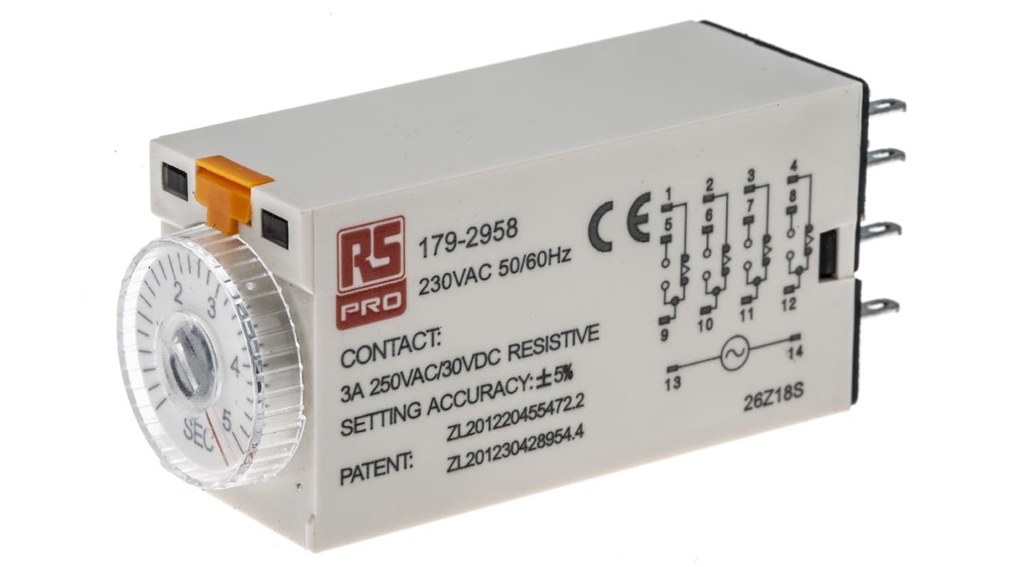 Timer Relay Wciskane 230V ac 4PDT 4-stykowy RS PRO 4PDT 0.2 → 5s jednofunkcyjny