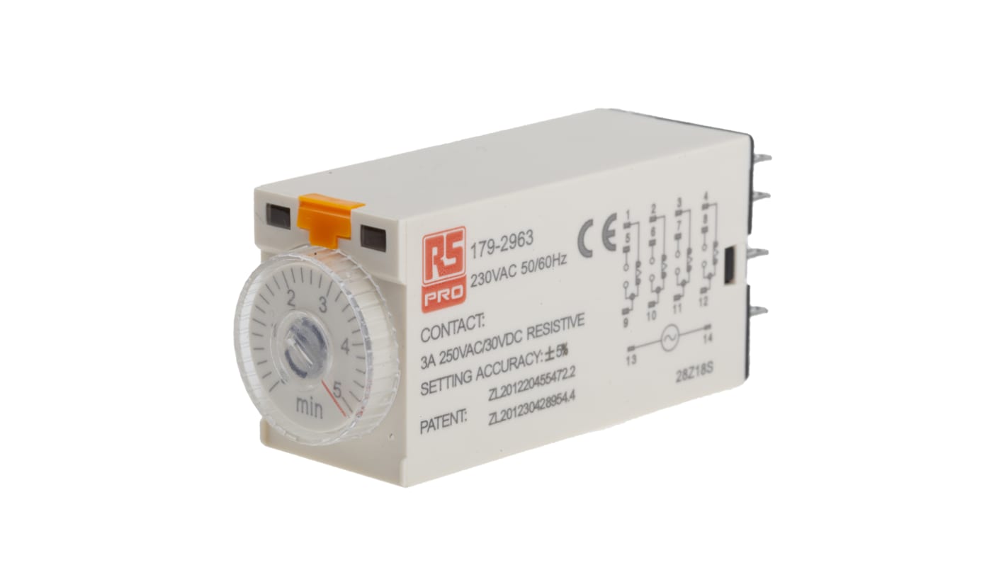 Timer Relay Wciskane 230V ac 4PDT 4-stykowy RS PRO 4PDT 0.2 → 5min jednofunkcyjny