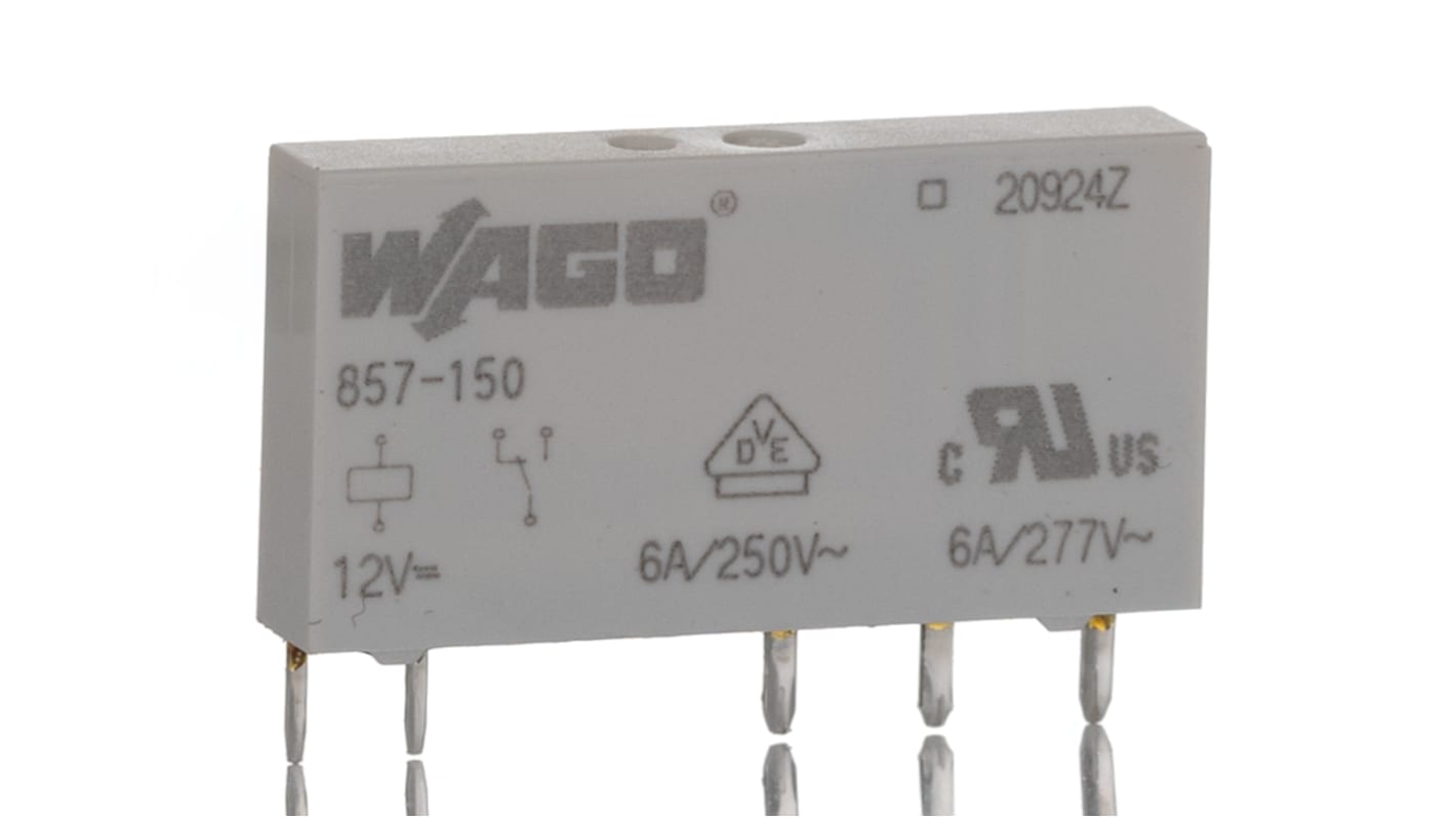 Relé de potencia Wago 857 de 1 polo, SPDT, bobina 12V dc, 6A, enchufable