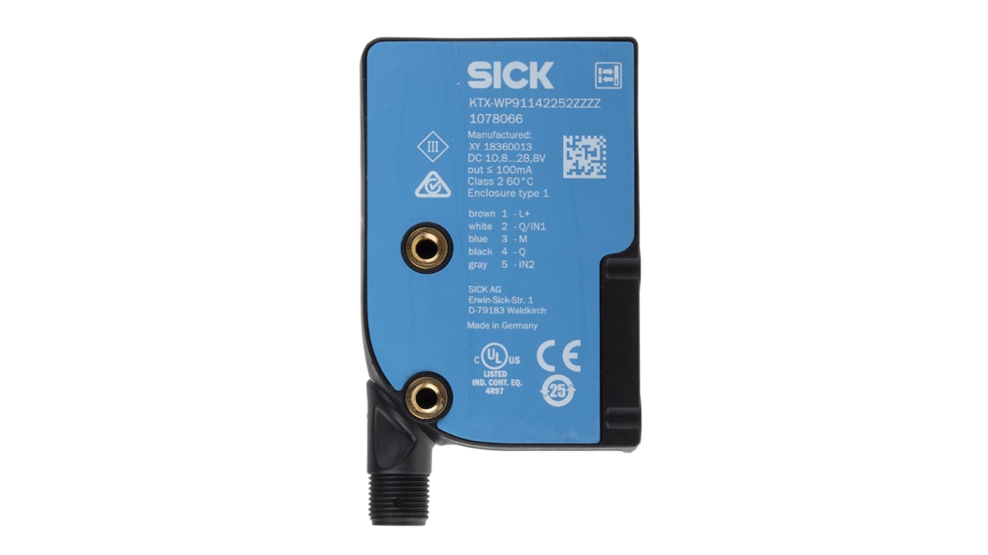 Sensor de contraste Sick serie KTX, alcance 13 mm, LED RGB, 10.8 → 28.8 V dc, salida PNP, IP67