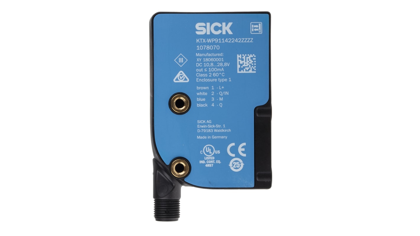 Sensor de contraste Sick serie KTX, alcance 13 mm, LED RGB, 10.8 → 28.8 V dc, salida PNP, IP67