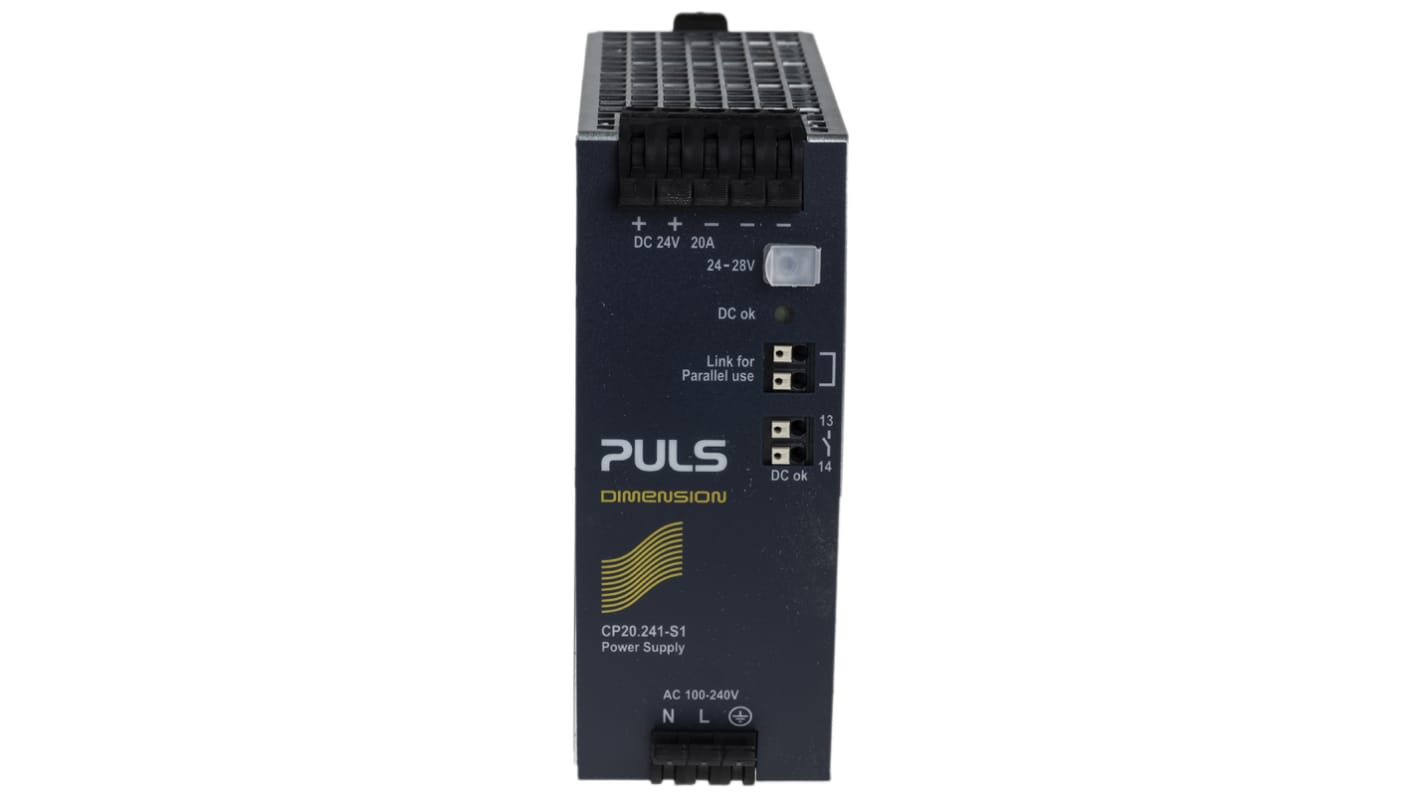 PULS DIN-sín tápellátás, BE: 100 → 240V ac, 1 kimenet, 24V dc, 20A, 480W