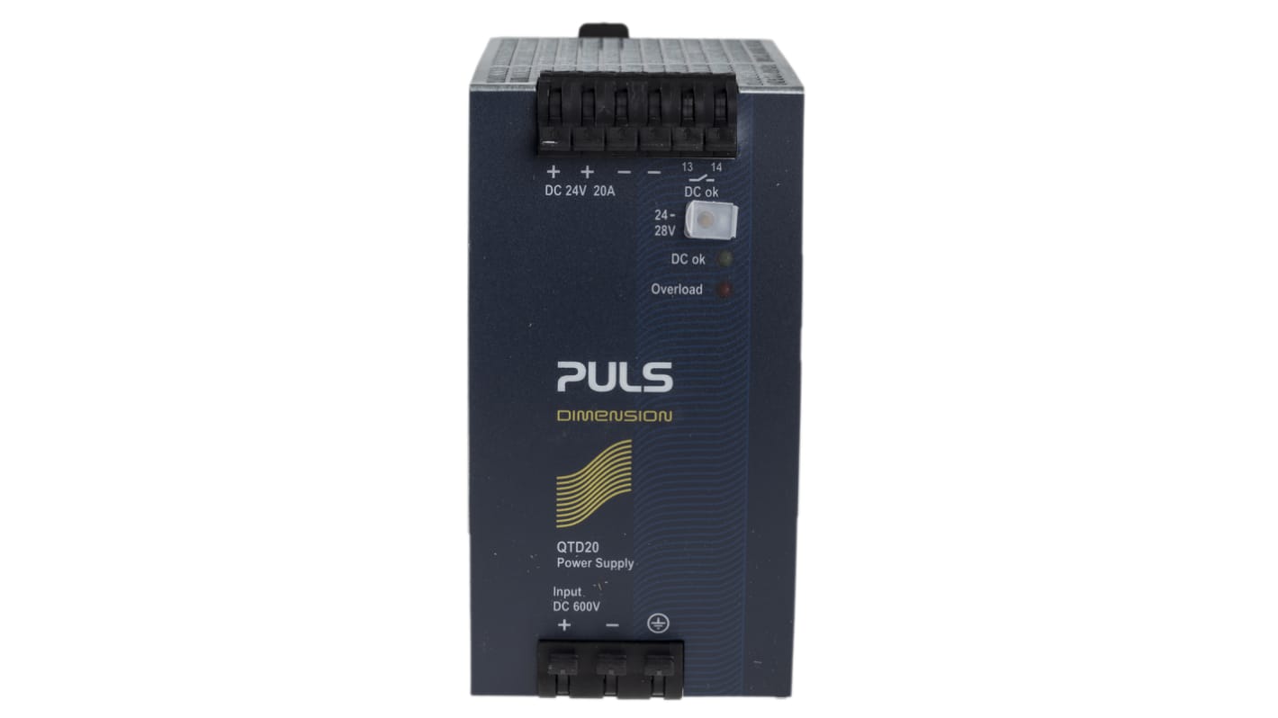 PULS Q DIN Rail Power Supply, 600V dc dc Input, 24V dc dc Output, 20A Output, 480W