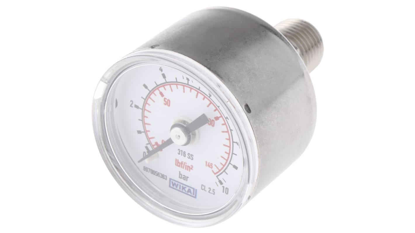 Parker G 1/4 Analogue Pressure Gauge 10bar Back Entry, M1/4G40S-10, With RS Calibration, 0bar min.