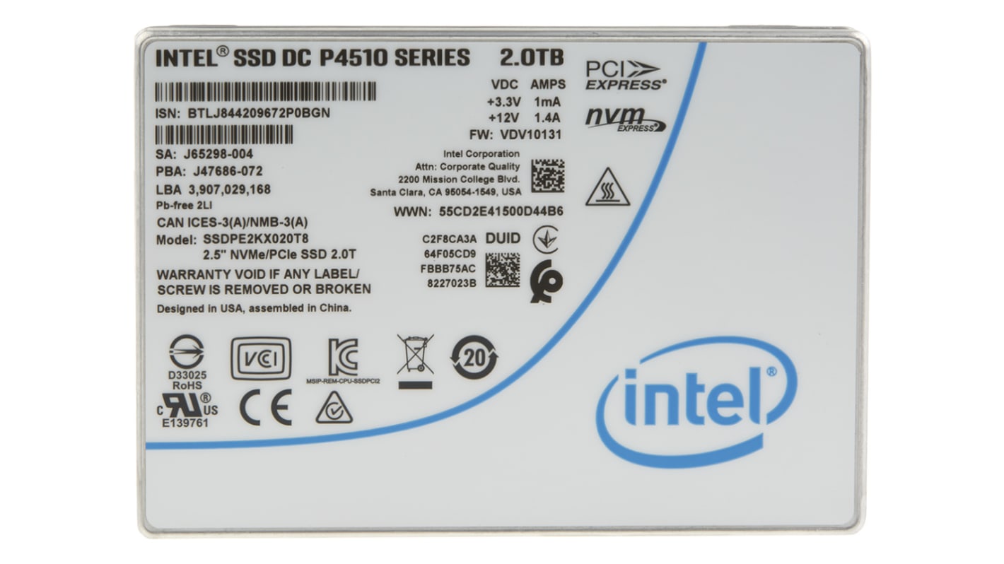 Disque SSD 2 To 2,5' NVMe 1.2, PCIe 3.1 x 4 Disque SSD DC P4510