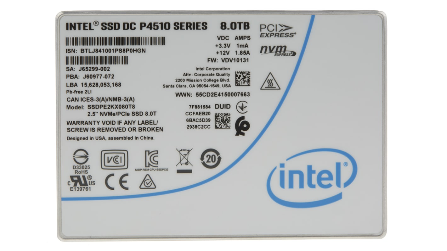 Intel SSD-Laufwerk DC P4510, 2,5 Zoll Intern HDD-Festplatte NVMe 1.2, PCIe 3.1 x 4 Industrieausführung, TLC, 8 TB, SSD,