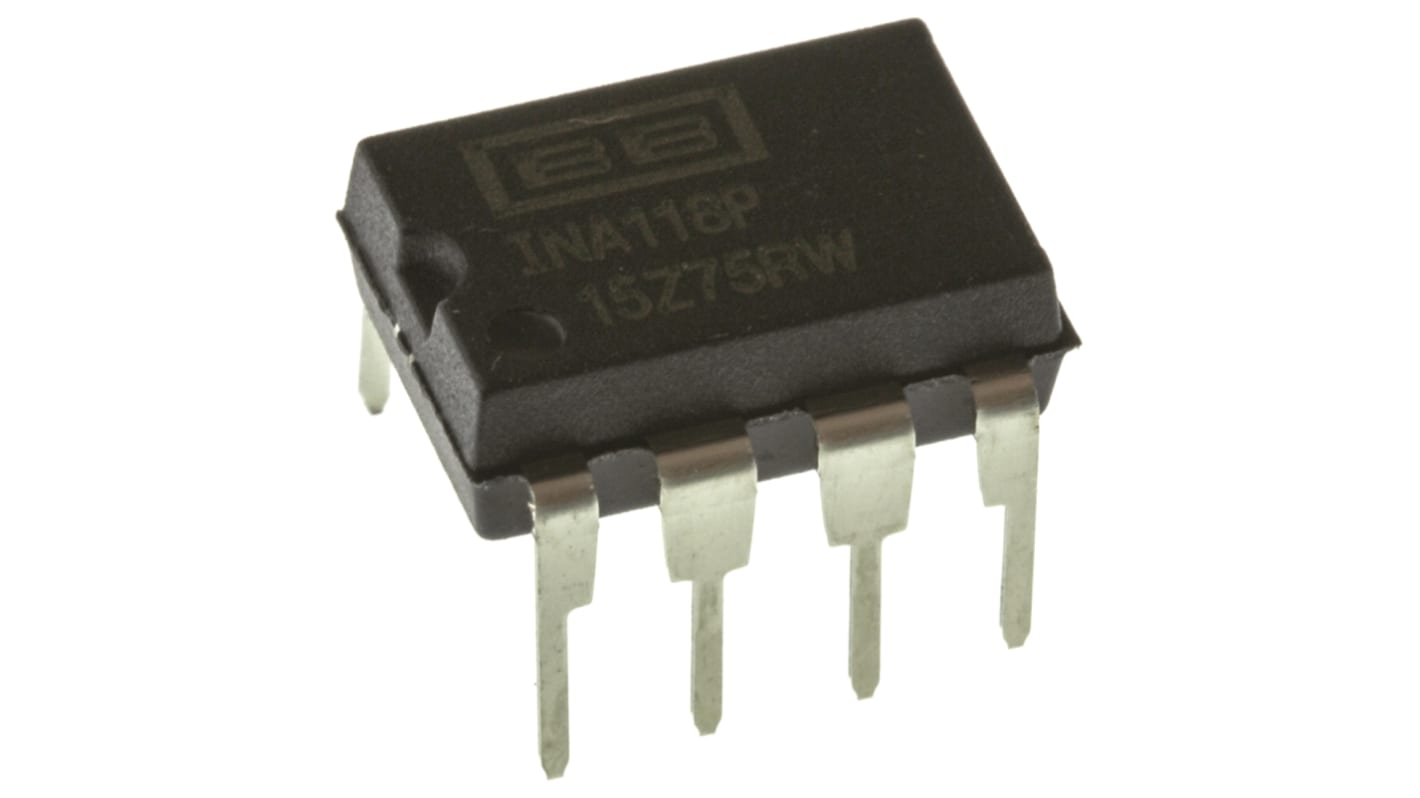 Texas Instruments INA118P Hangszererősítő, 125μV eltolási feszültség, 800kHz 73dB CMRR, 8-tüskés PDIP