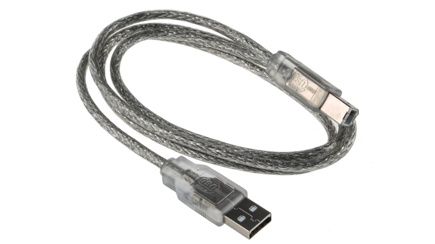 Cable USB 2.0 RS PRO, con A. USB A Macho, con B. USB B Macho, long. 1m, color Transparente