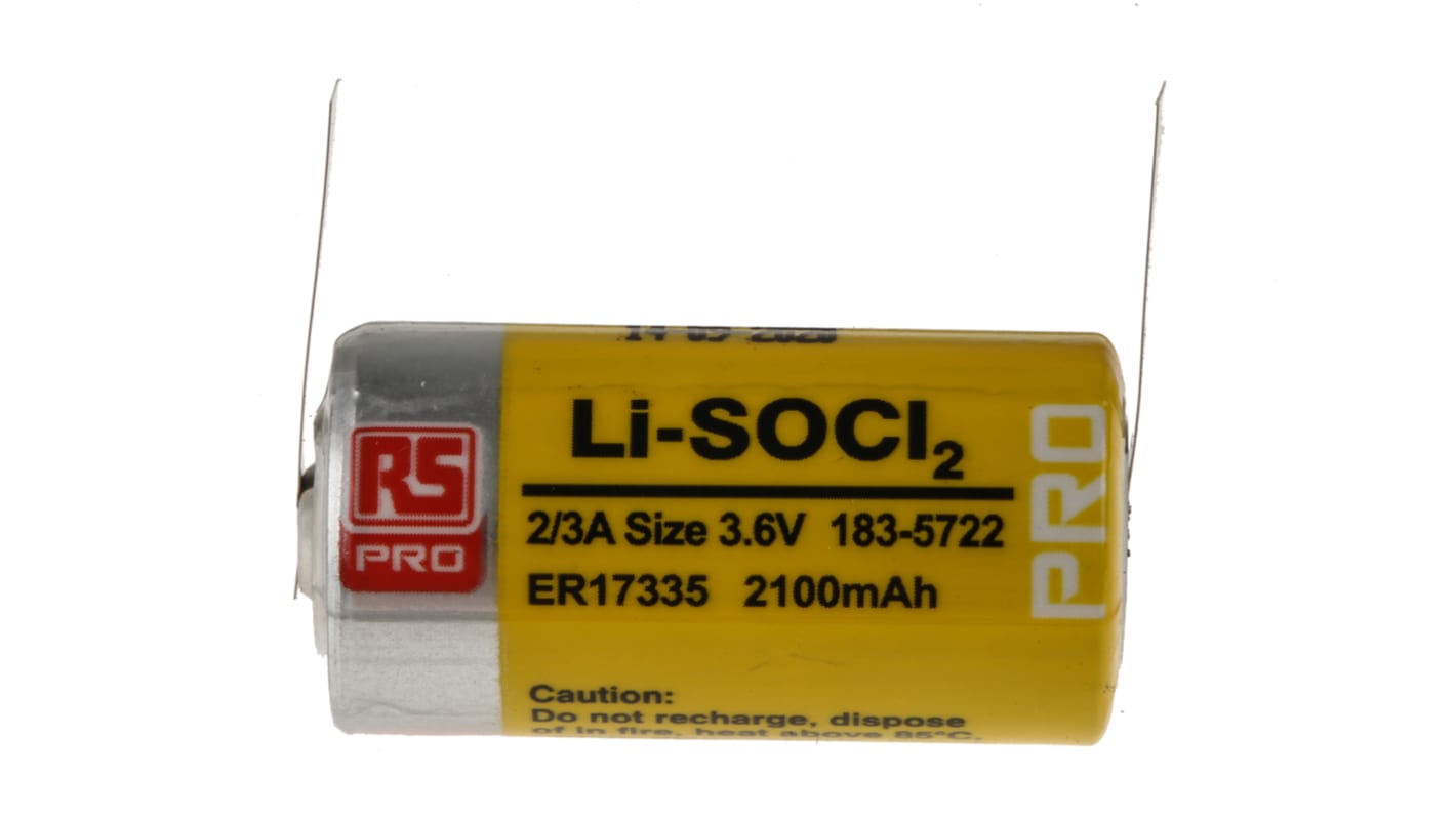 Pila 2/3 A de Cloruro de Tionilo-Litio, RS PRO, 3.6V, 2.1Ah, terminal tipo lengüetas