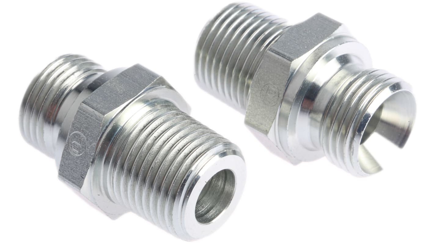 Parker, Lige gevindadapter til hydraulik, 8F3MK4S, Stål, G 1/2 → R 3/8 han