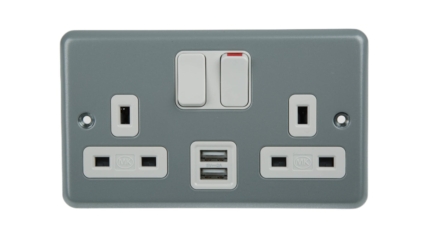 MK Electric 2 Gang Plug Socket, 2 Poles, 13A, BS1363, USB, Indoor Use