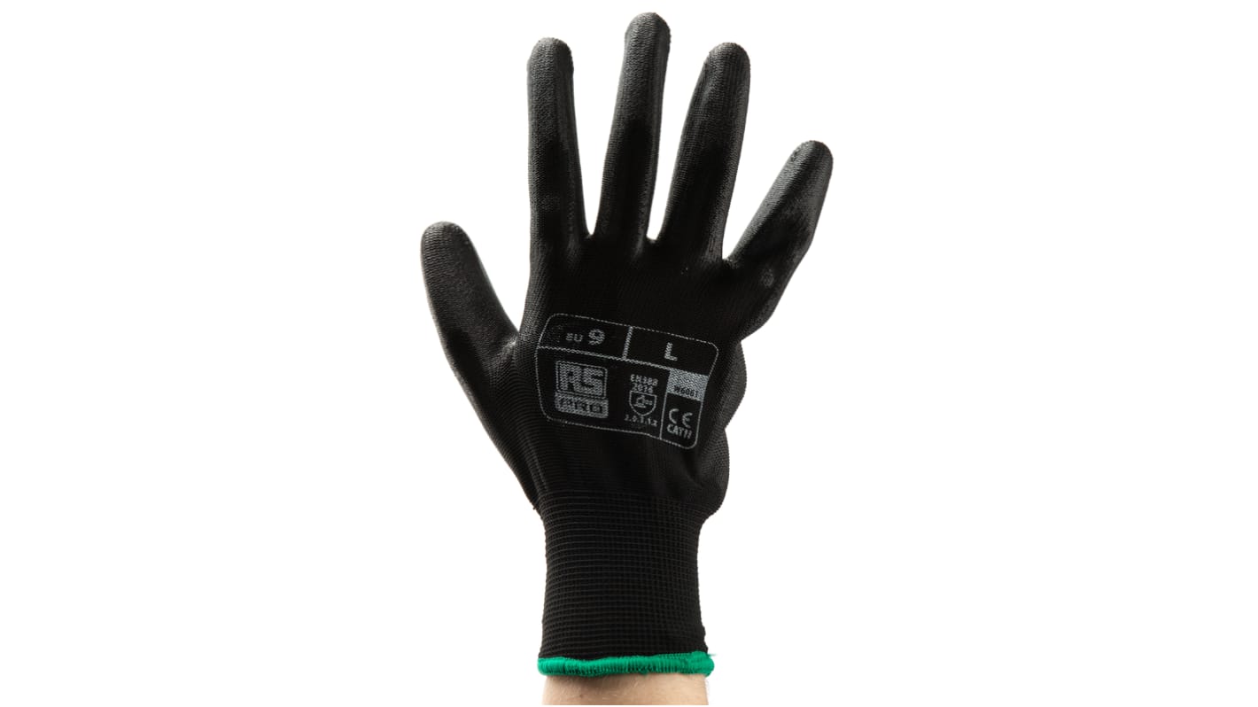 RS PRO Black Abrasion Resistant, Tear Resistant Work Gloves, Size 9, Large, Polyurethane Coating