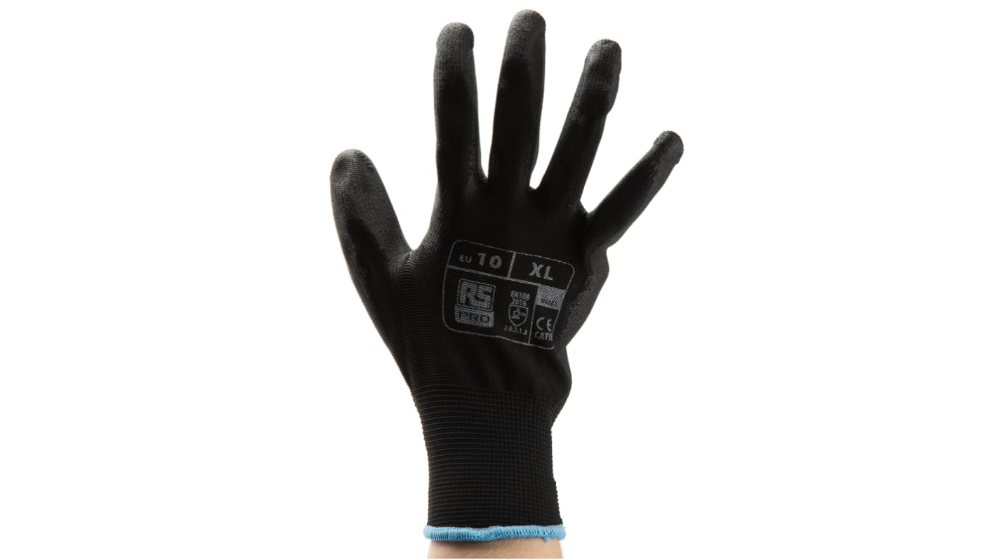 RS PRO Black Abrasion Resistant, Tear Resistant Work Gloves, Size 10, XL, Polyurethane Coating