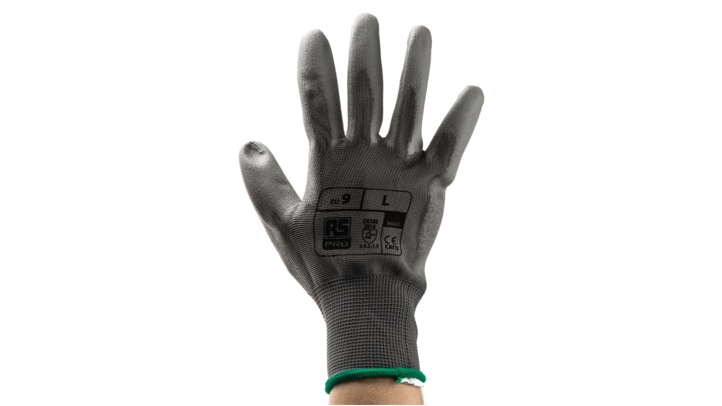 RS PRO Grey Abrasion Resistant, Tear Resistant Work Gloves, Size 9, Large, Polyurethane Coating