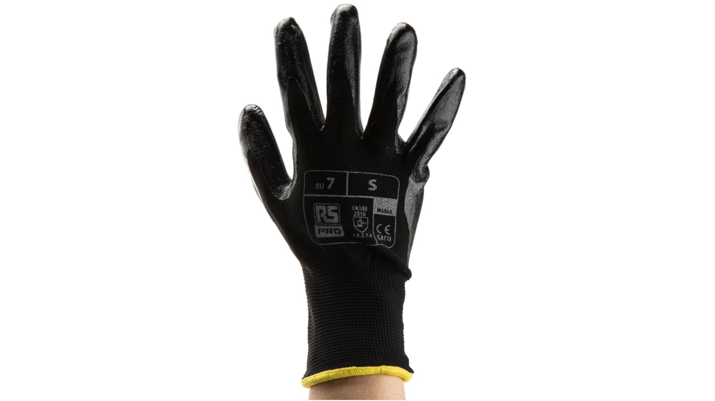 RS PRO Black Abrasion Resistant, Tear Resistant Work Gloves, Size 7, Small, Nitrile Coating