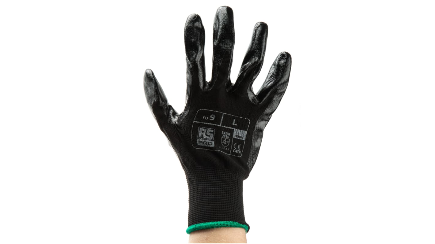 RS PRO Black Abrasion Resistant, Tear Resistant Work Gloves, Size 9, Large, Nitrile Coating