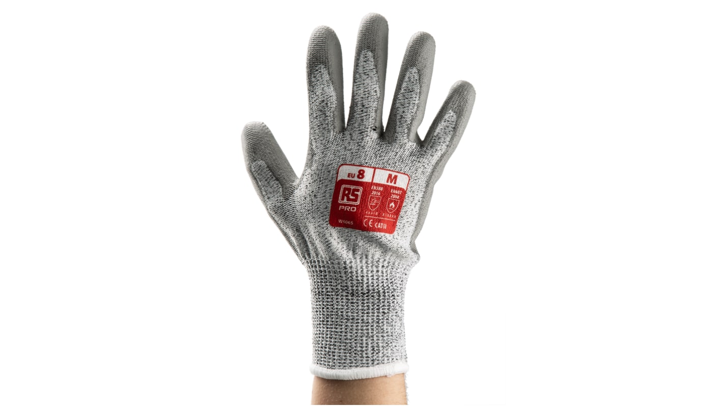 RS PRO Grey HPPE/Nylon/Glass Cut Resistant, Heat Resistant Work Gloves, Size 8, Medium, Polyurethane Coating