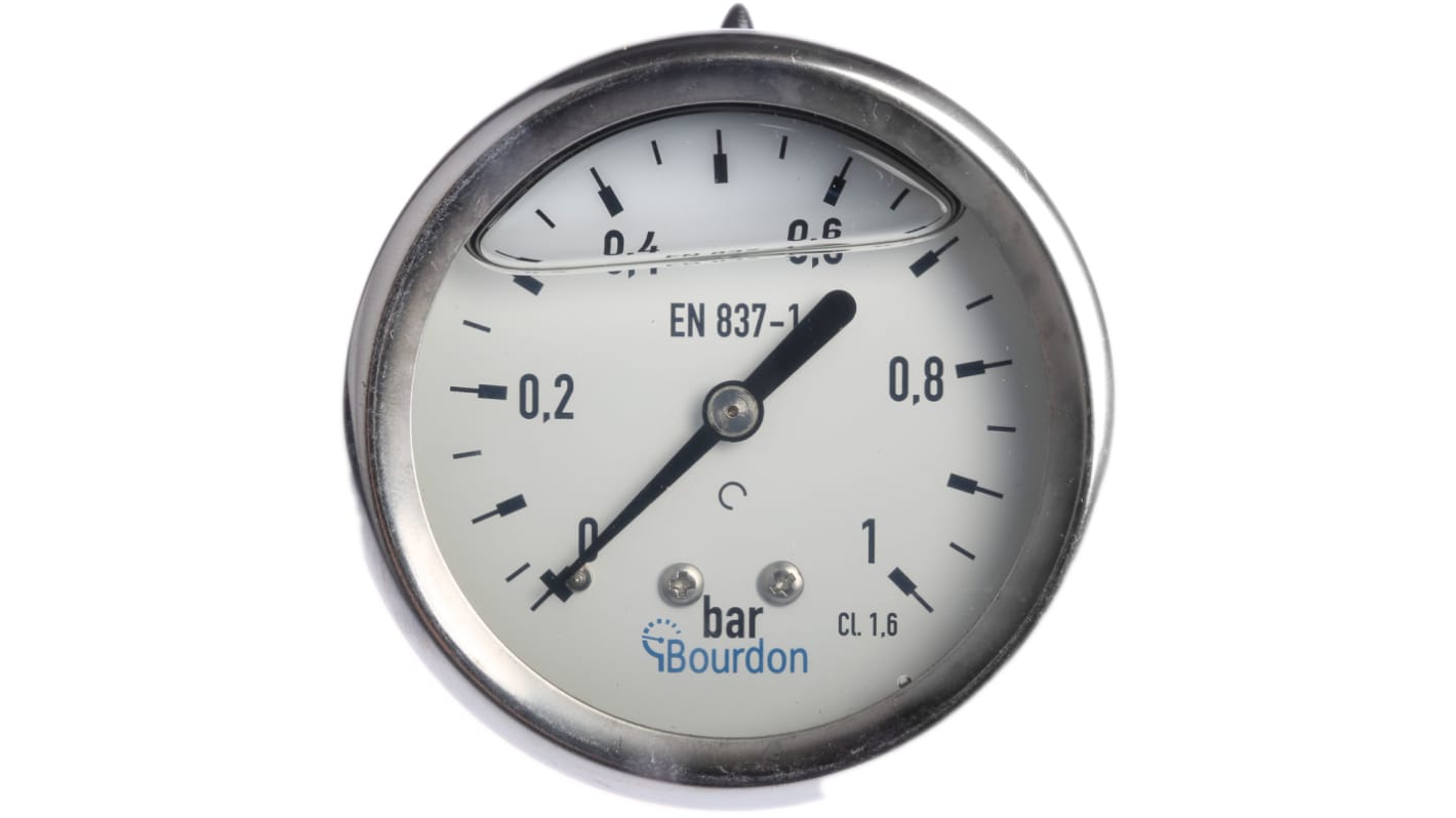 Bourdon Druckmessgerät Prozessanschluss hinten Analog 0bar → 1bar ± 1.6%, Ø 63mm Edelstahl Gehäuse