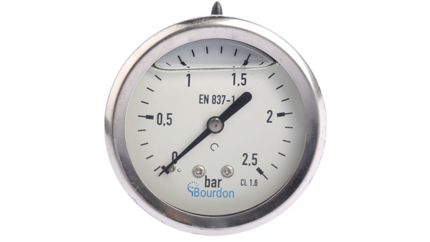 Bourdon Druckmessgerät Prozessanschluss hinten Analog 0bar → 2.5bar ± 1.6%, Ø 63mm Edelstahl Gehäuse