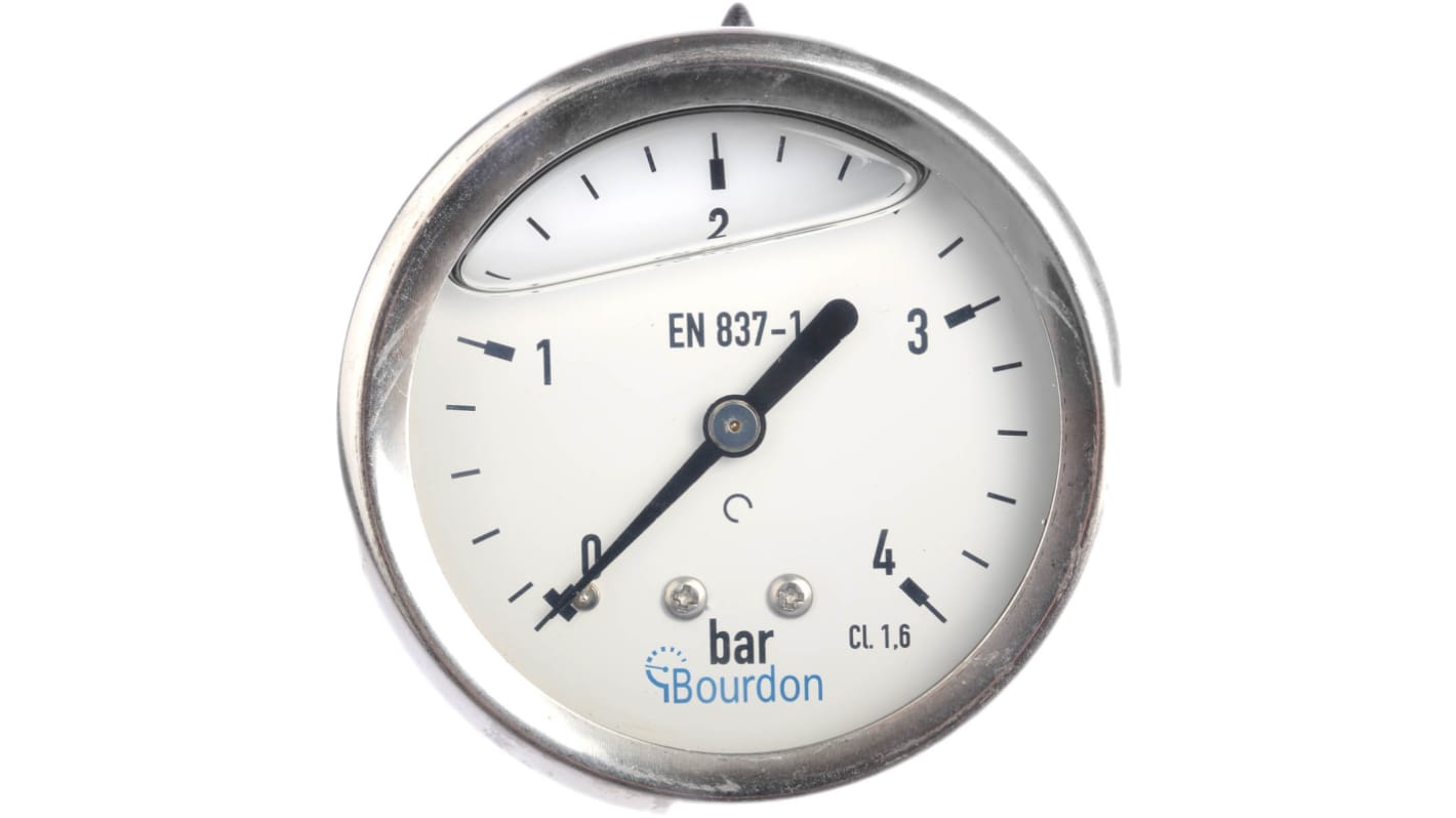 Bourdon Druckmessgerät Prozessanschluss hinten Analog 0bar → 4bar ± 1.6%, Ø 63mm Edelstahl Gehäuse