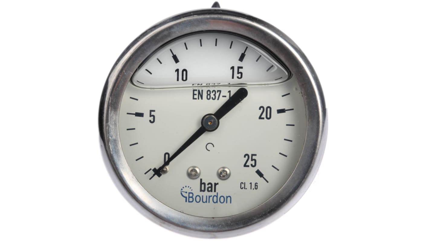 Bourdon Druckmessgerät Prozessanschluss hinten Analog 0bar → 25bar ± 1.6%, Ø 63mm Edelstahl Gehäuse