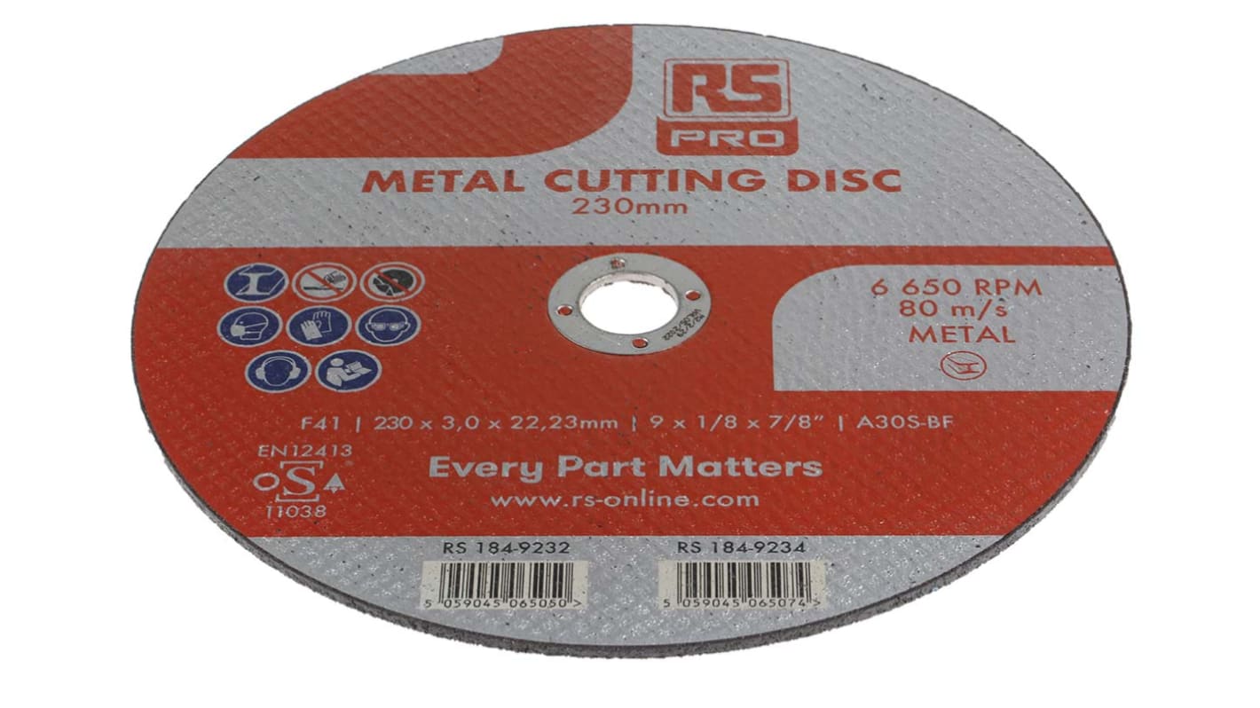 RS PRO Aluminium Oxide Cutting Disc, 230mm x 3mm Thick, P120 Grit, 1 in pack