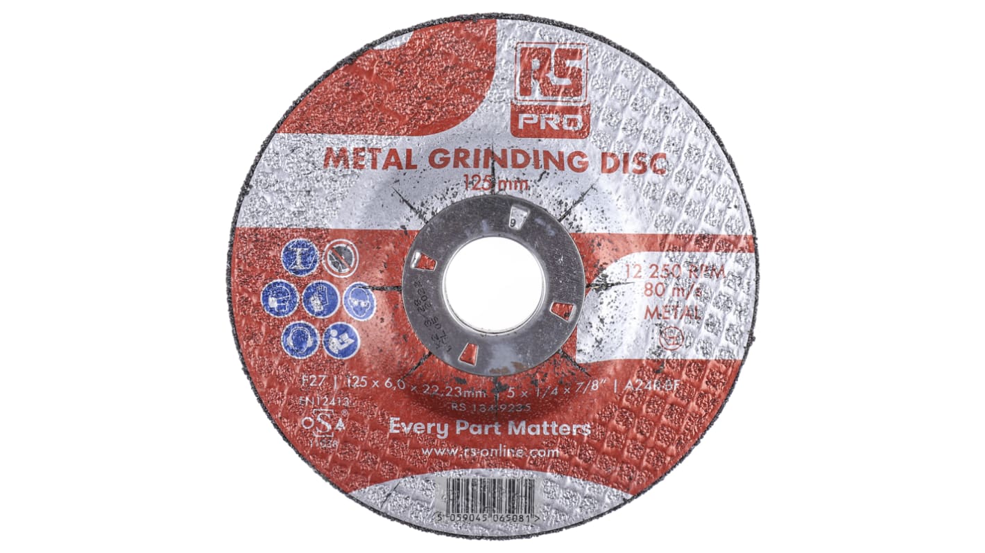 RS PRO Aluminium Oxide Grinding Disc, 125mm x 6mm Thick, P180 Grit, 5 in pack