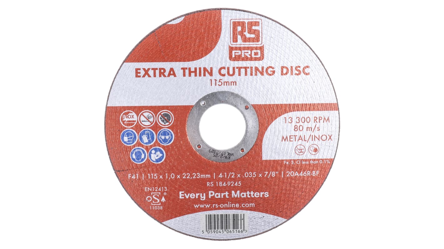 RS PRO Aluminium Oxide Cutting Disc, 115mm x 1mm Thick, P80 Grit, 5 in pack