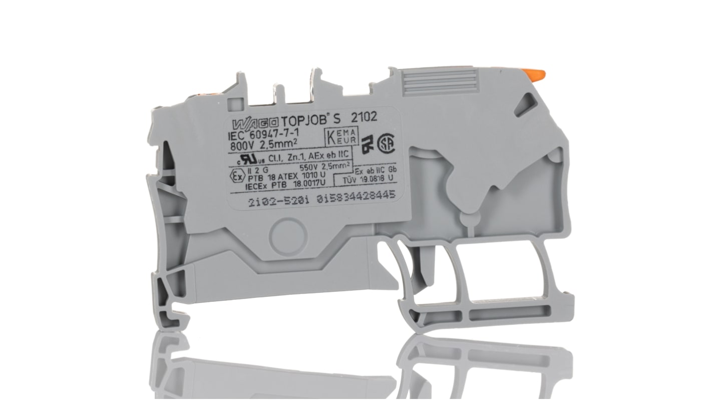 Wago TOPJOB S, 2102 Series Grey Feed Through Terminal Block, 2.5mm², Single-Level, Push-In Cage Clamp Termination,