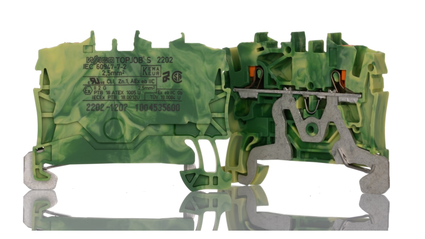 Wago TOPJOB S, 2202 Series Green/Yellow Earth Terminal Block, 2.5mm², Single-Level, Push-In Cage Clamp Termination,